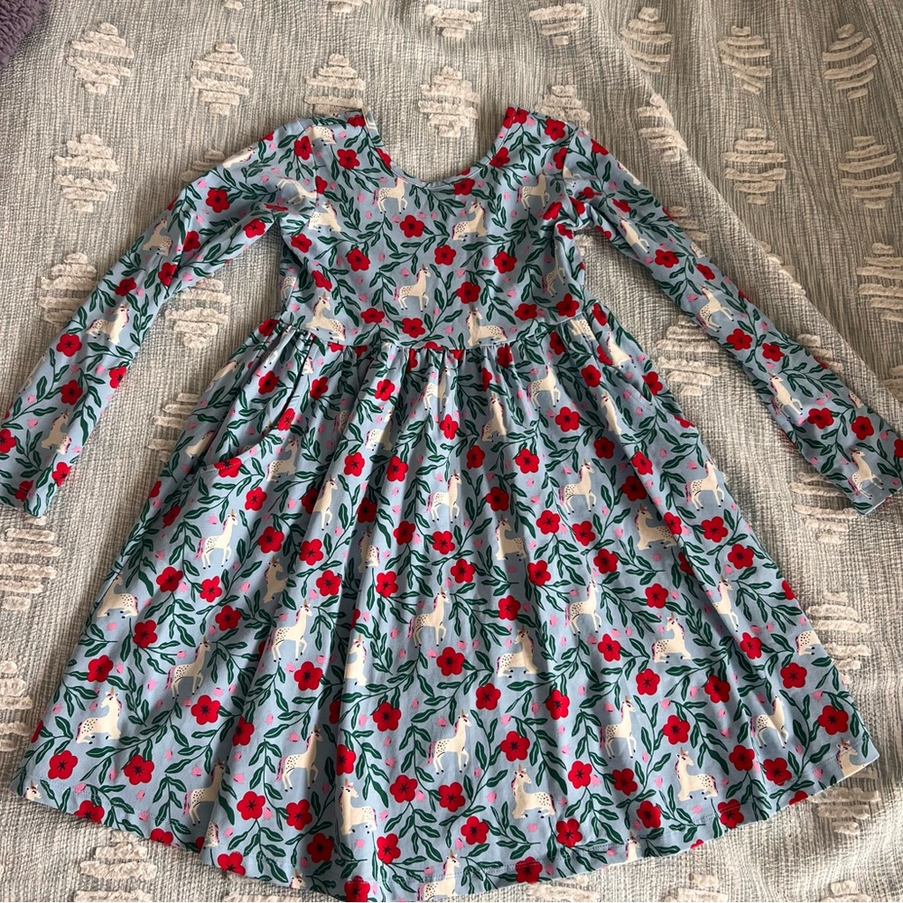 Girls' Light Blue Floral Unicorn Long-Sleeve Casual Dress cotton